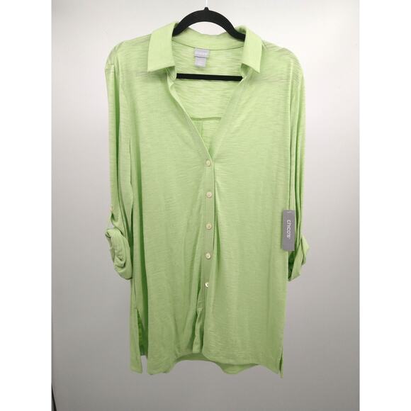 Chico's Tunic Top 2 L Cotton Blend Slub Button Front Knit Long Sleeve Mint NWT - Picture 5 of 13